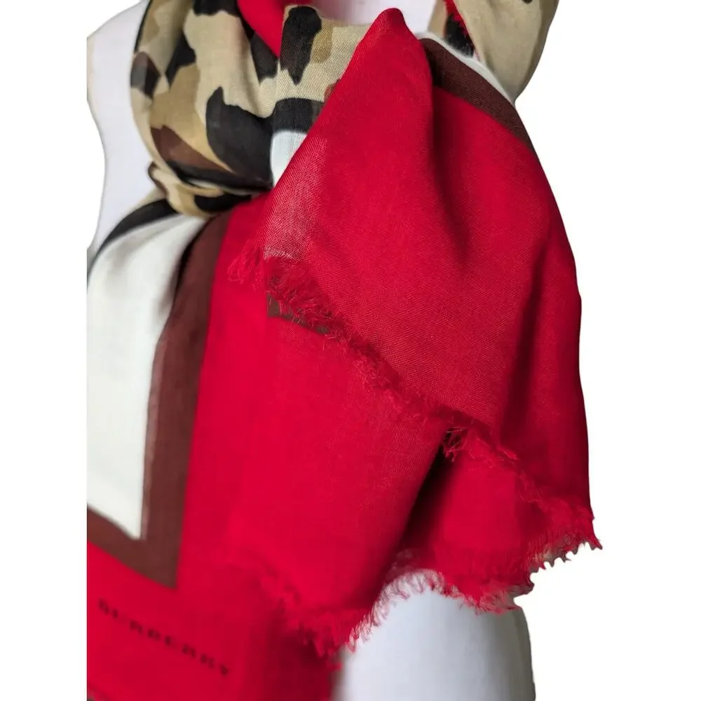 Burberry Leopard Cheetah Animal Print Red Silk Blend Scarf Italy Fringe Large